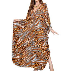 Women's Brown Zebra V-Neck Batwing Sleeves Summer Beach Cover Up Kaftan Dress